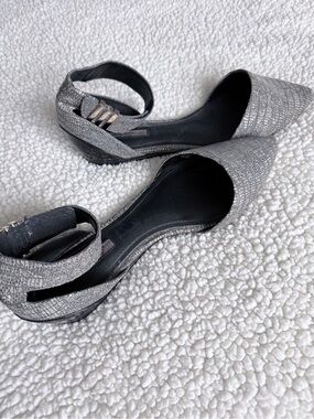BCBGeneration Gray Textured Pointed D'Orsay Flats with Ankle Strap